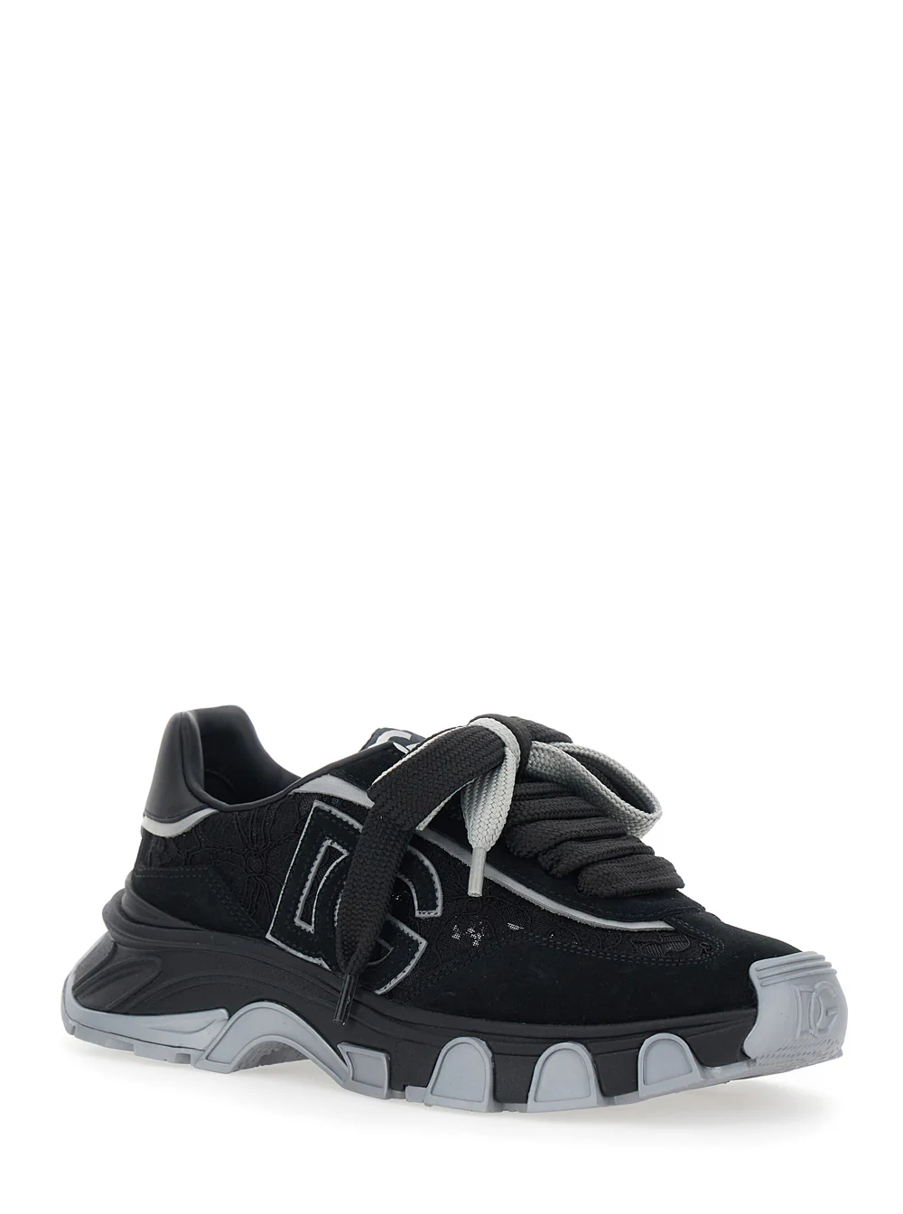 Dolce & Gabbana Black Low Top Sneakers with Logo Patch on the Tongue and Lace Panels in Suede Woman Elastane Polyamide Lamb Sheep