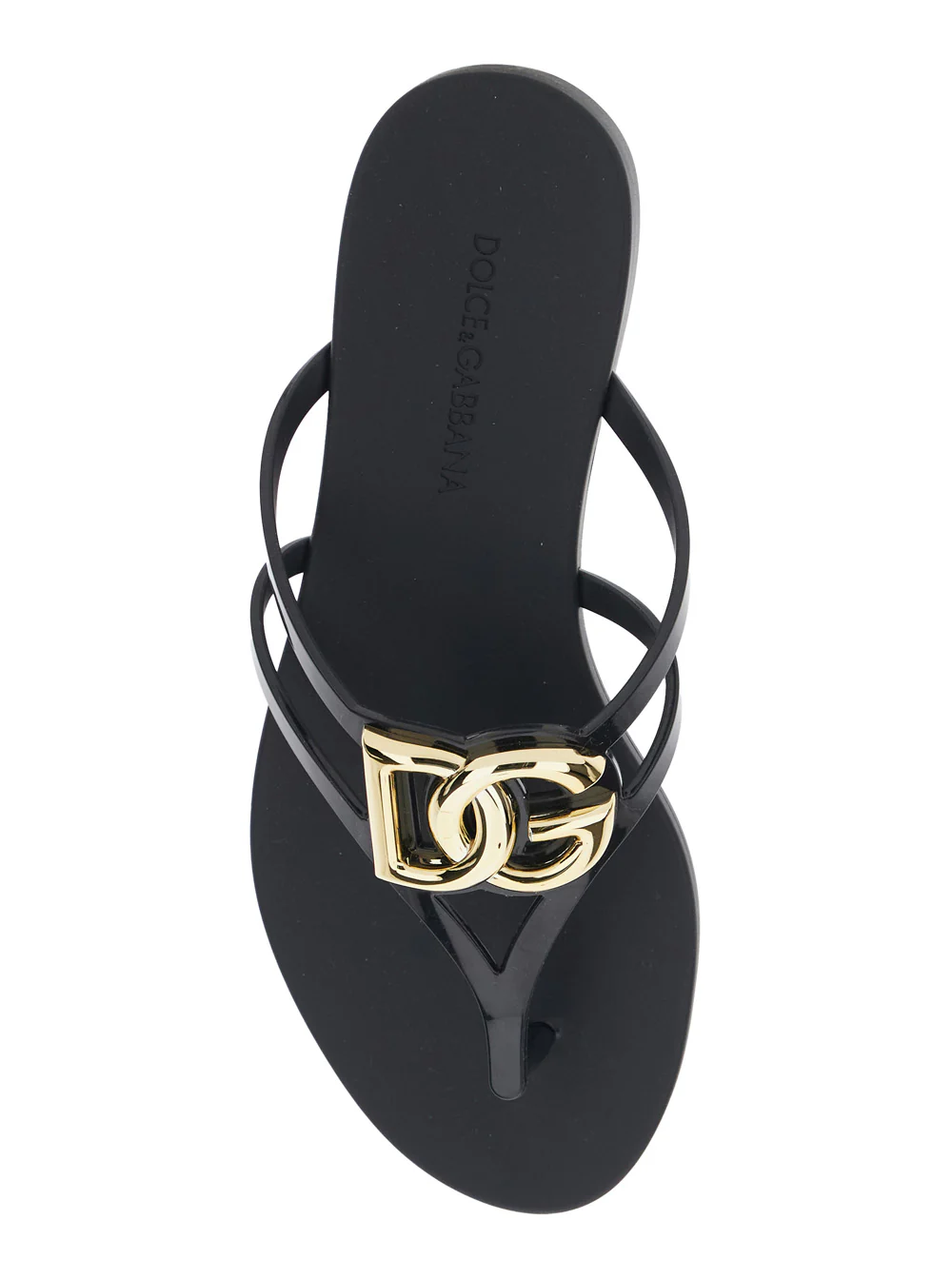 Dolce & Gabbana Black Thong Sandals with Logo Plaque on the Front in Rubber Woman Flat Shoes
