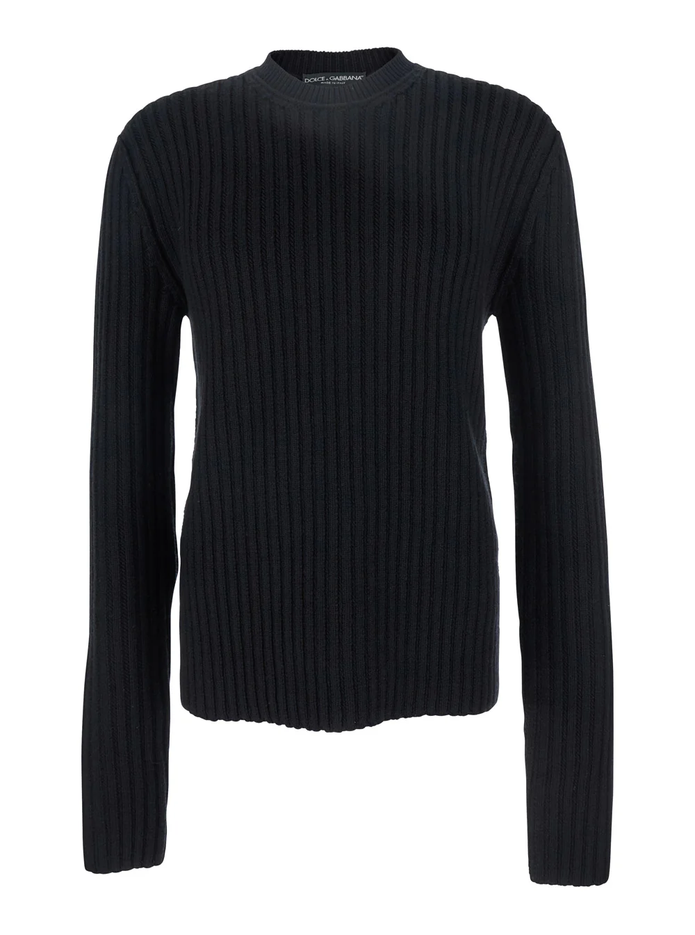 Dolce & Gabbana Black Ribbed Knit Crewneck Sweater with Logo Patch on the Rear in Wool Man Virgin Jersey