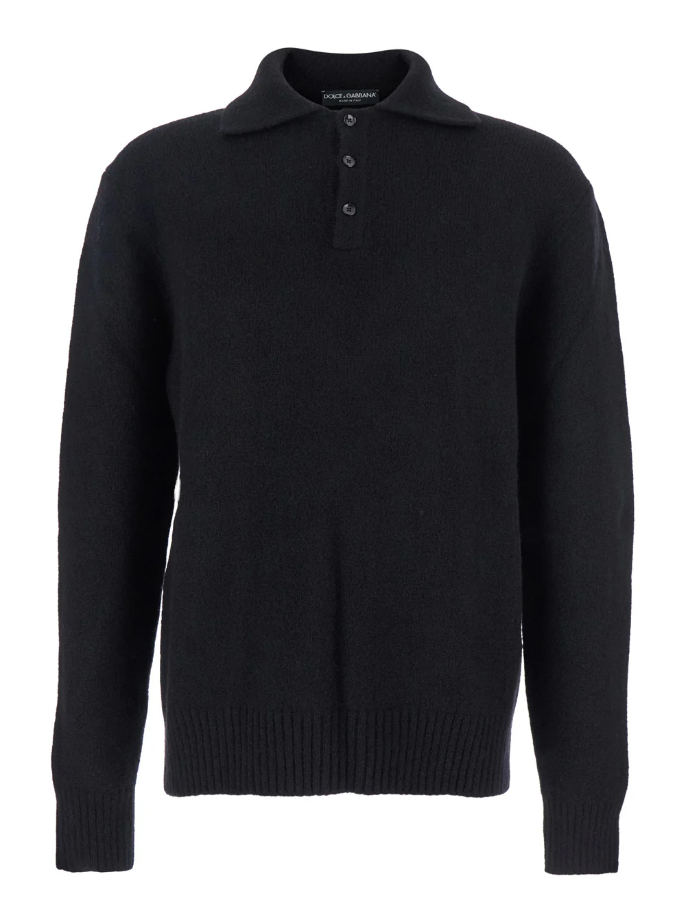 Dolce & Gabbana Black Sweater with Polo Collar and Back Logo Patch in Wool Man Polyamide Virgin Jersey
