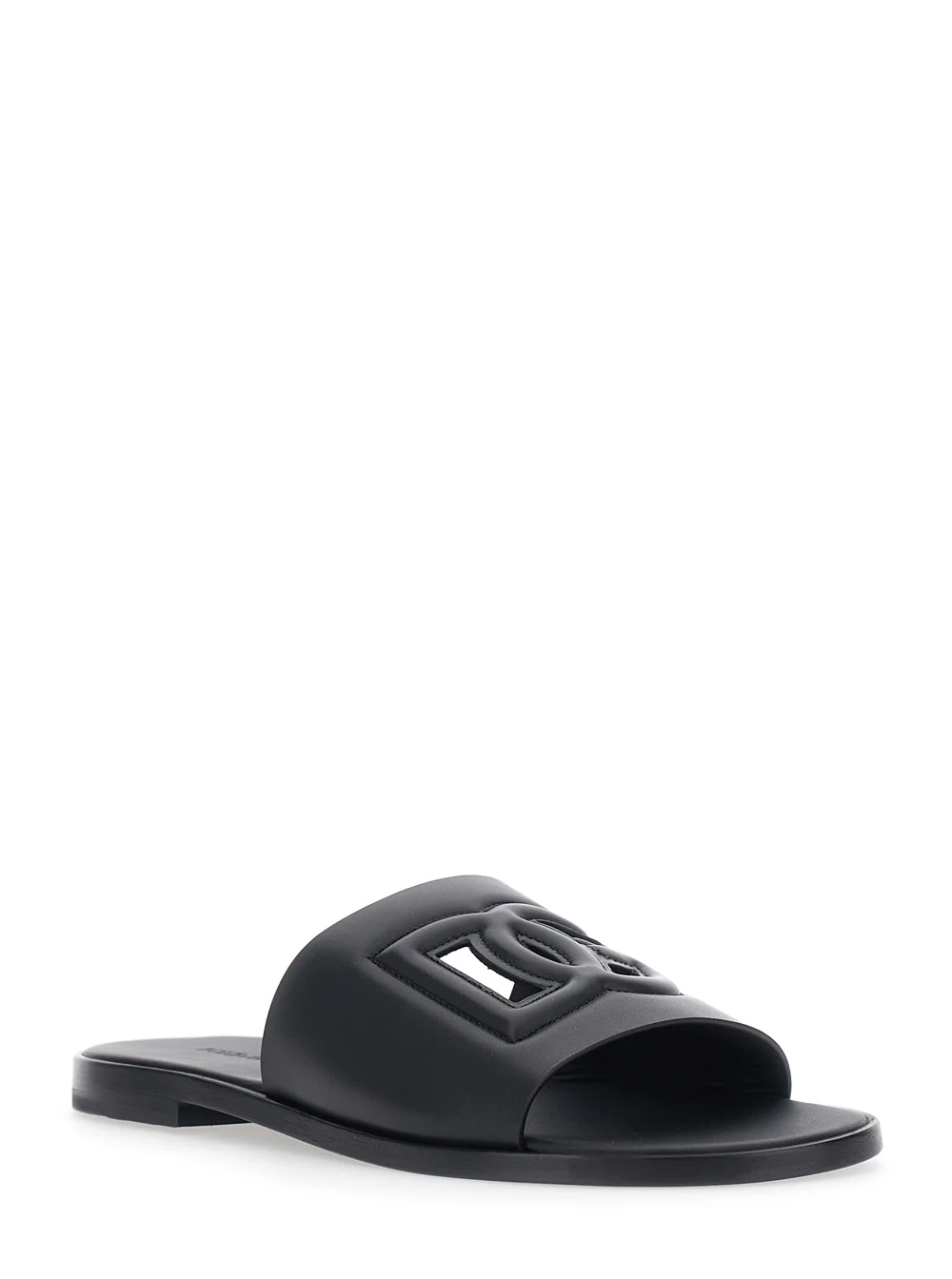 Dolce & Gabbana Black Leather Cut-Out Logo Detail Sandals For Men Calf Flat Shoes