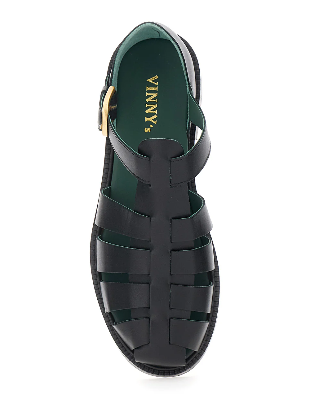 Vinny'S Mens Black Leather Cage Design Sandals with Buckle Closure Nappa Flat Shoes
