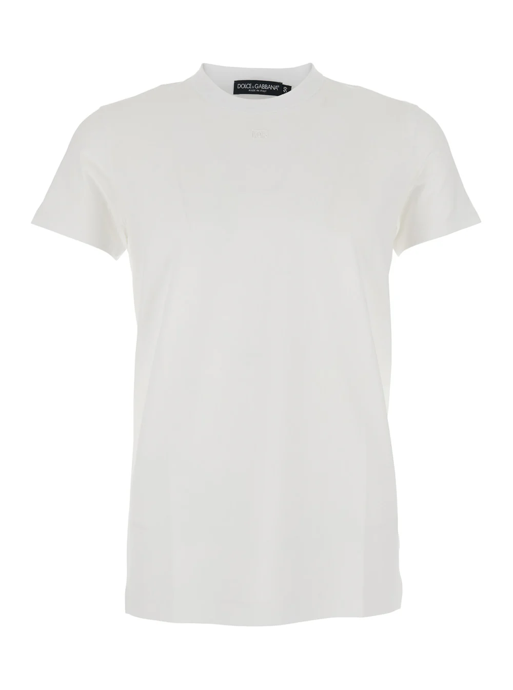 Dolce & Gabbana White Crewneck T-Shirt with Tonal Logo Lettering Embroidery on the Front in Cotton Stretch Man Elastane Tshirts And Polo Shirts