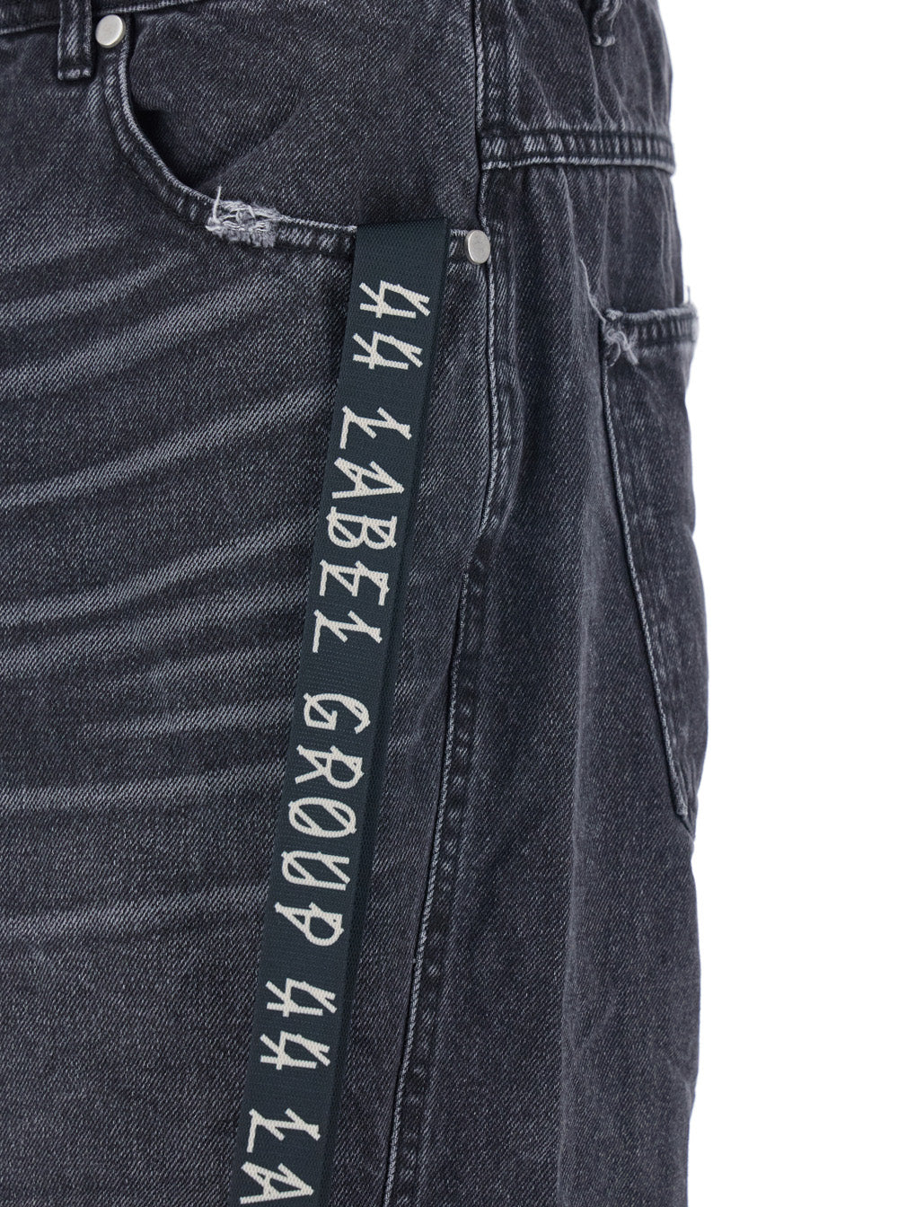 44 Label Group Black Jeans with Logo Patch on the Rear and Side Strap in Denim Man