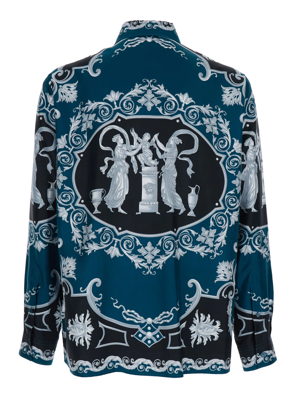 Versace Blue Shirt with Classic Collar and All-Over Silk Print for Men Blu Blouses