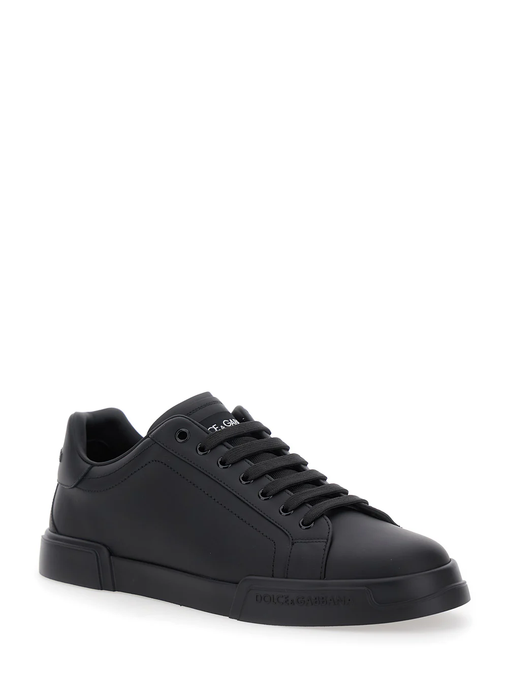 Dolce & Gabbana Sneaker Portofino Light With Patch Logo On The Tongue And Tone-On-Tone Lettering Heel Black Leather For Men Cotton Lamb Sheep