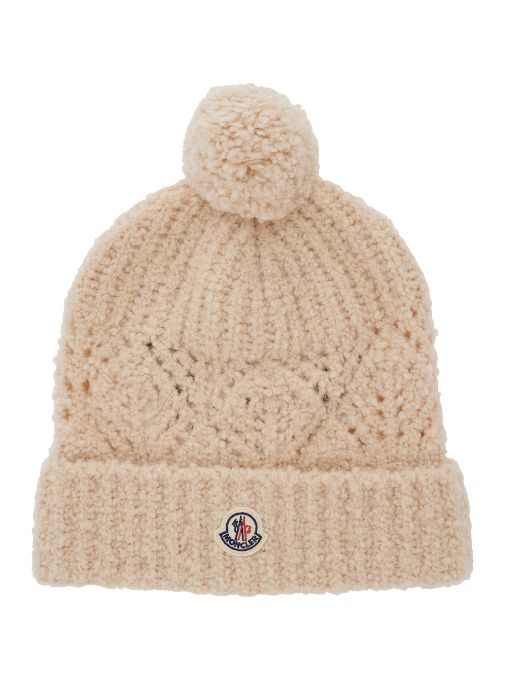 Moncler Kids White Beanie with Pompom and Logo Patch on the Front in Wool Girl Virgin Hats Gloves