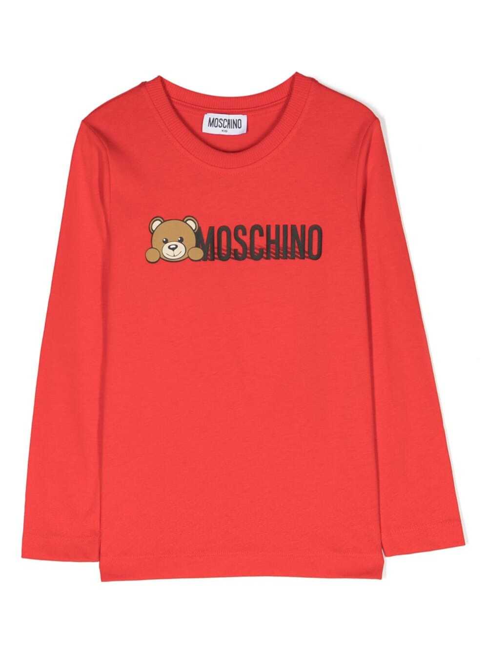 Moschino Kids Red T-Shirt With Long Sleeves And Contrasting Logo Print Cotton Boy Tshirts Polo Shirts