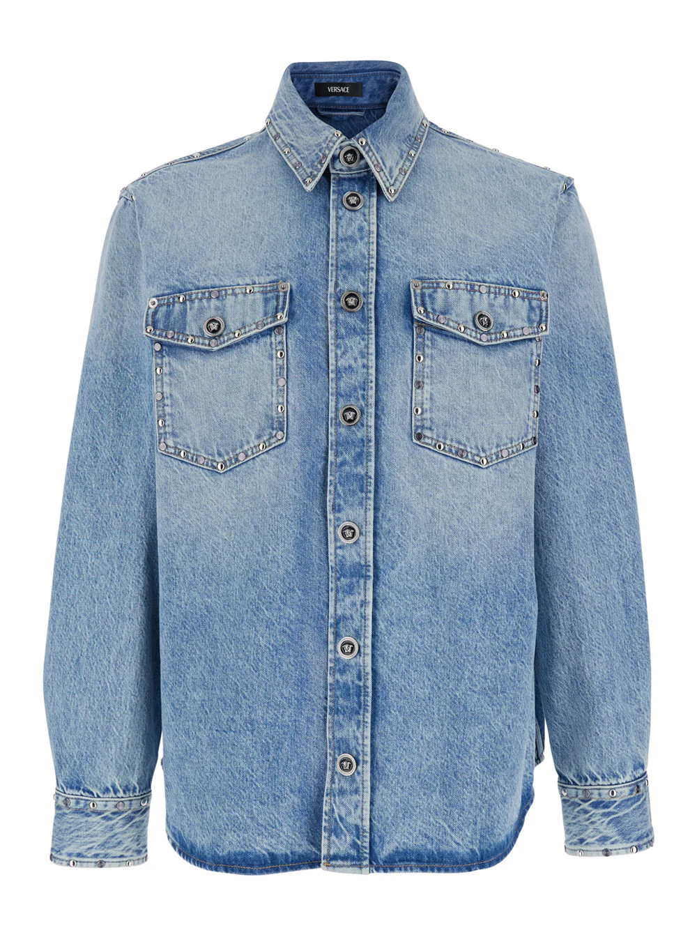 Versace Light Blue Shirt with Classic Collar and Two Patch Pockets on the Front in Denim for Men Cotton Blouses