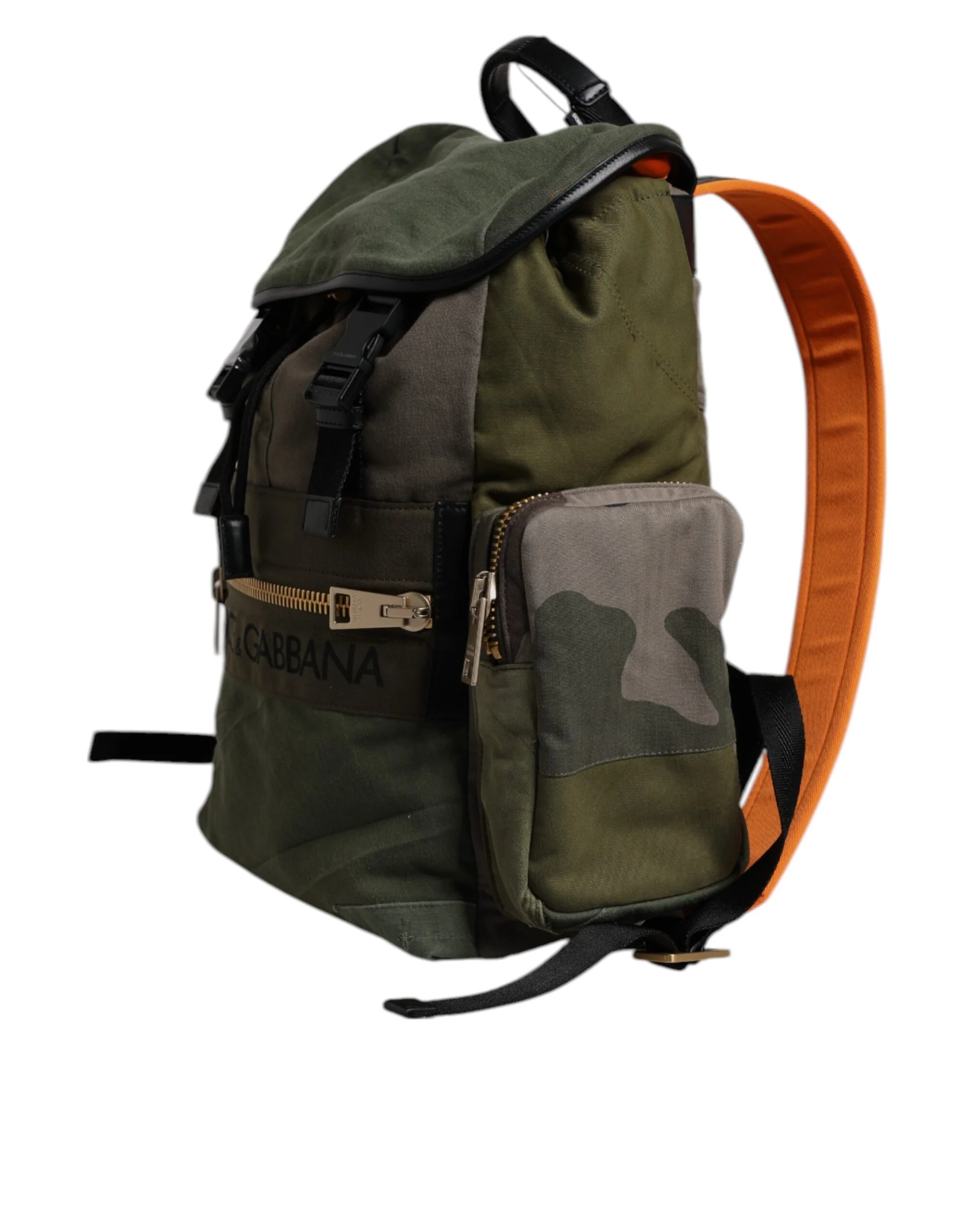 Dolce & Gabbana Military Green Patchwork Travel Backpack Bag Cotton Calf Leather Nylon