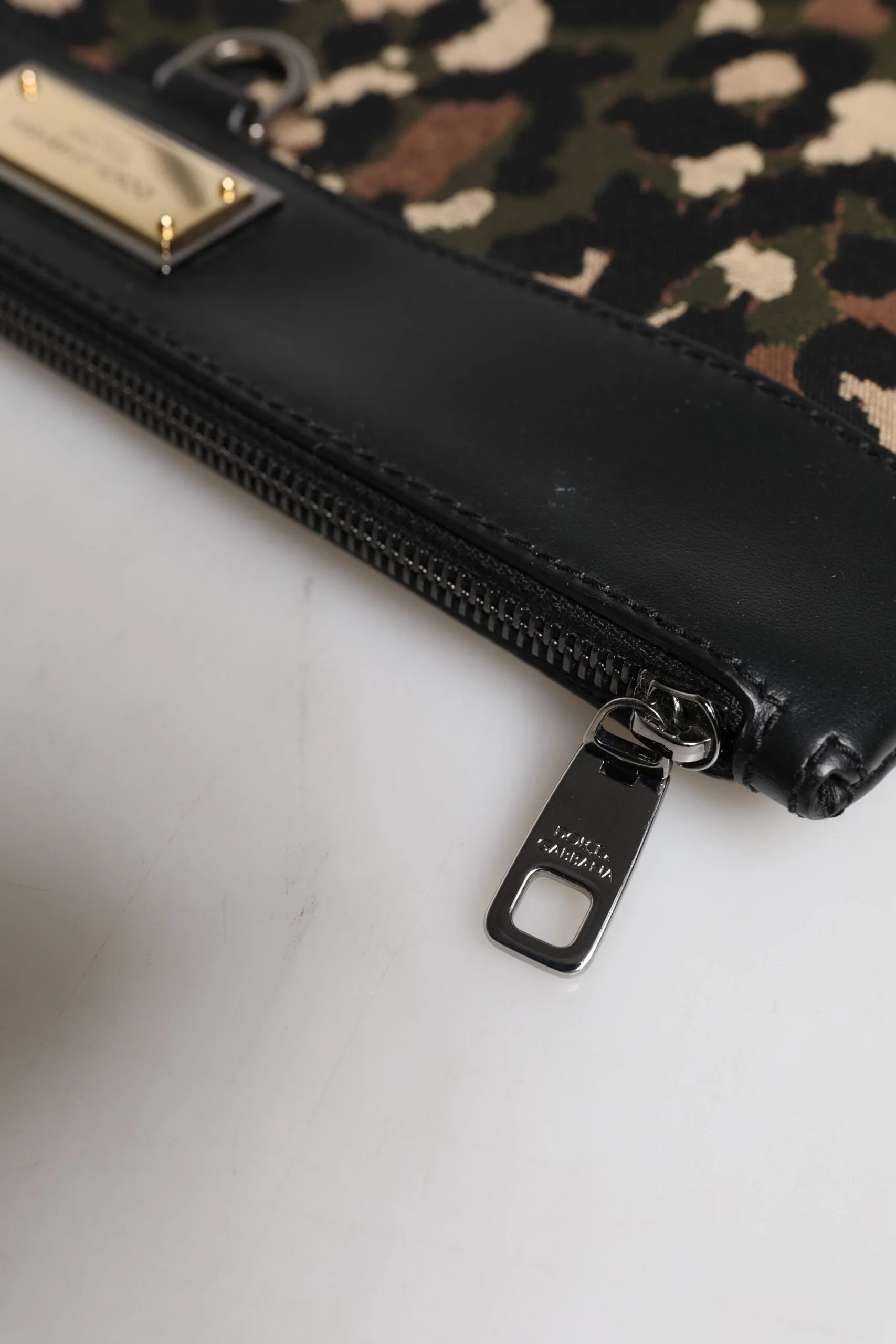 Dolce & Gabbana Multicolor Leopard Jacquard Print Logo Plaque Pouch Bag Cotton
