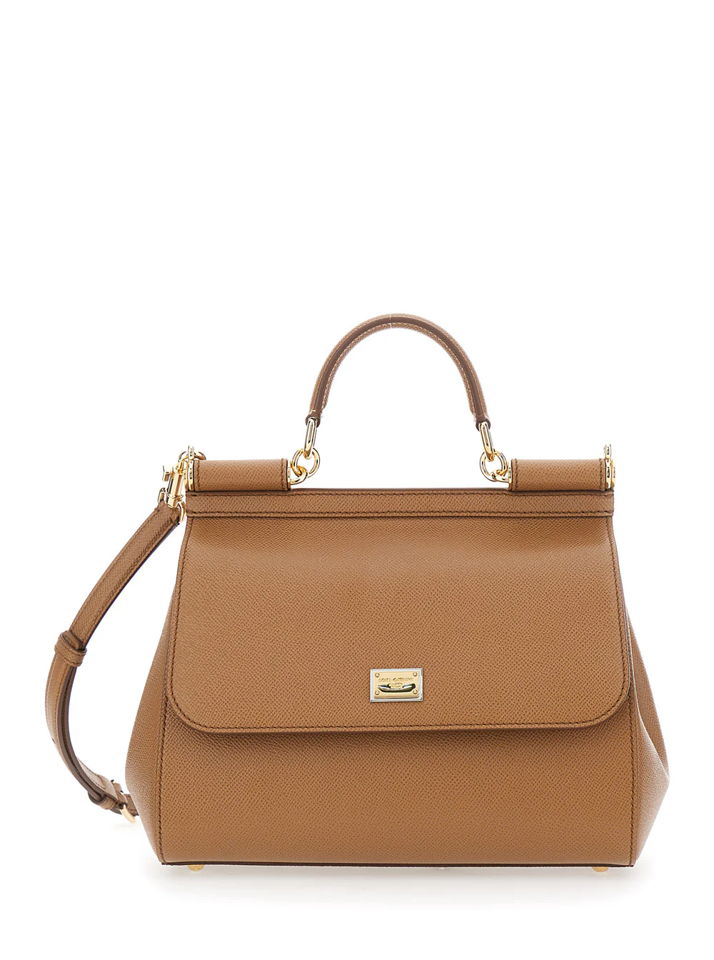 Dolce & Gabbana Handbag My Sicily Medium With Logo Plate On Front Grained Brown Leather For Women Hand Bags