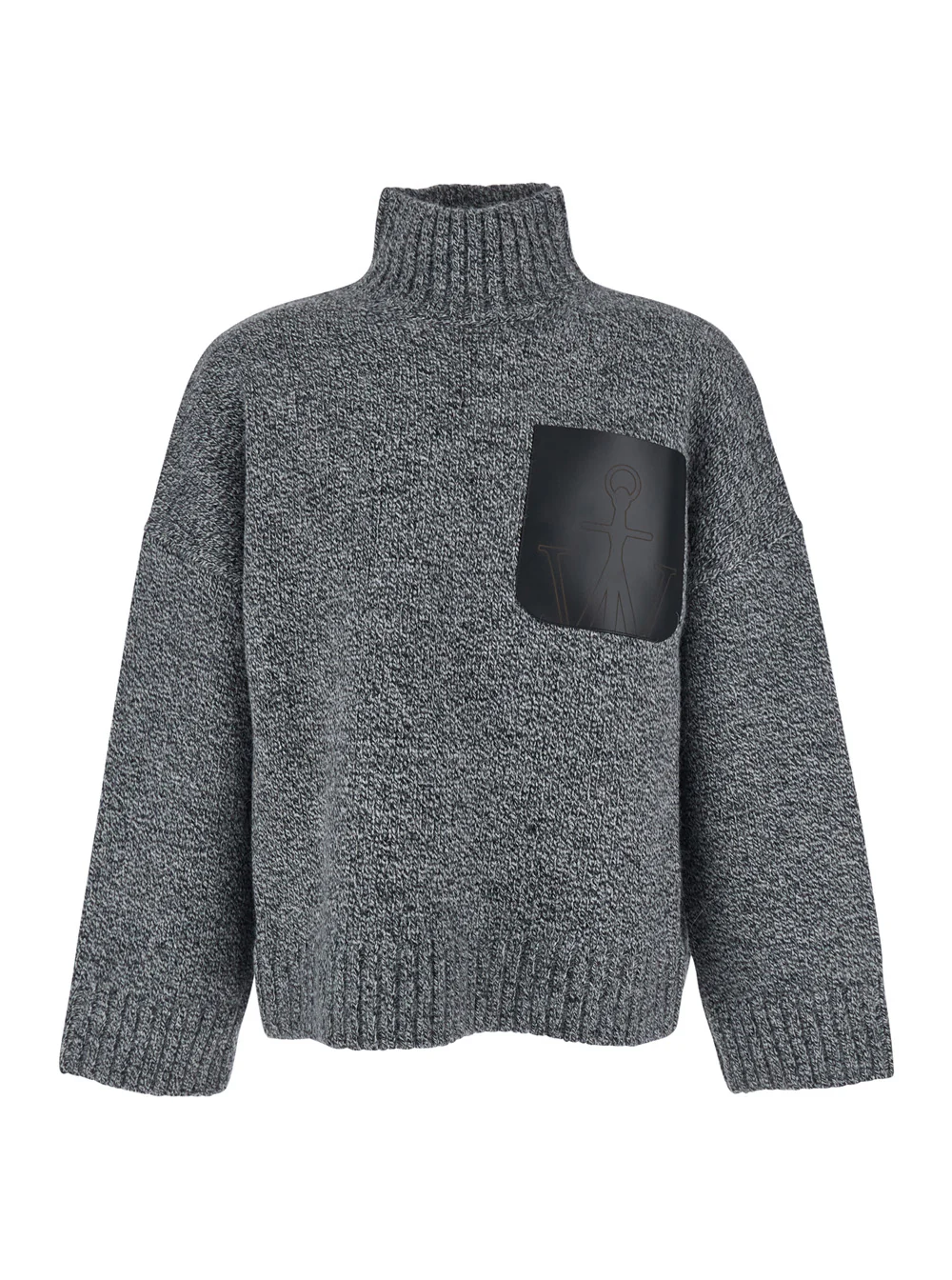 JW Anderson Grey Sweater with High Neck and One Front Patch Leather Pocket in Wool Blend Man Jersey