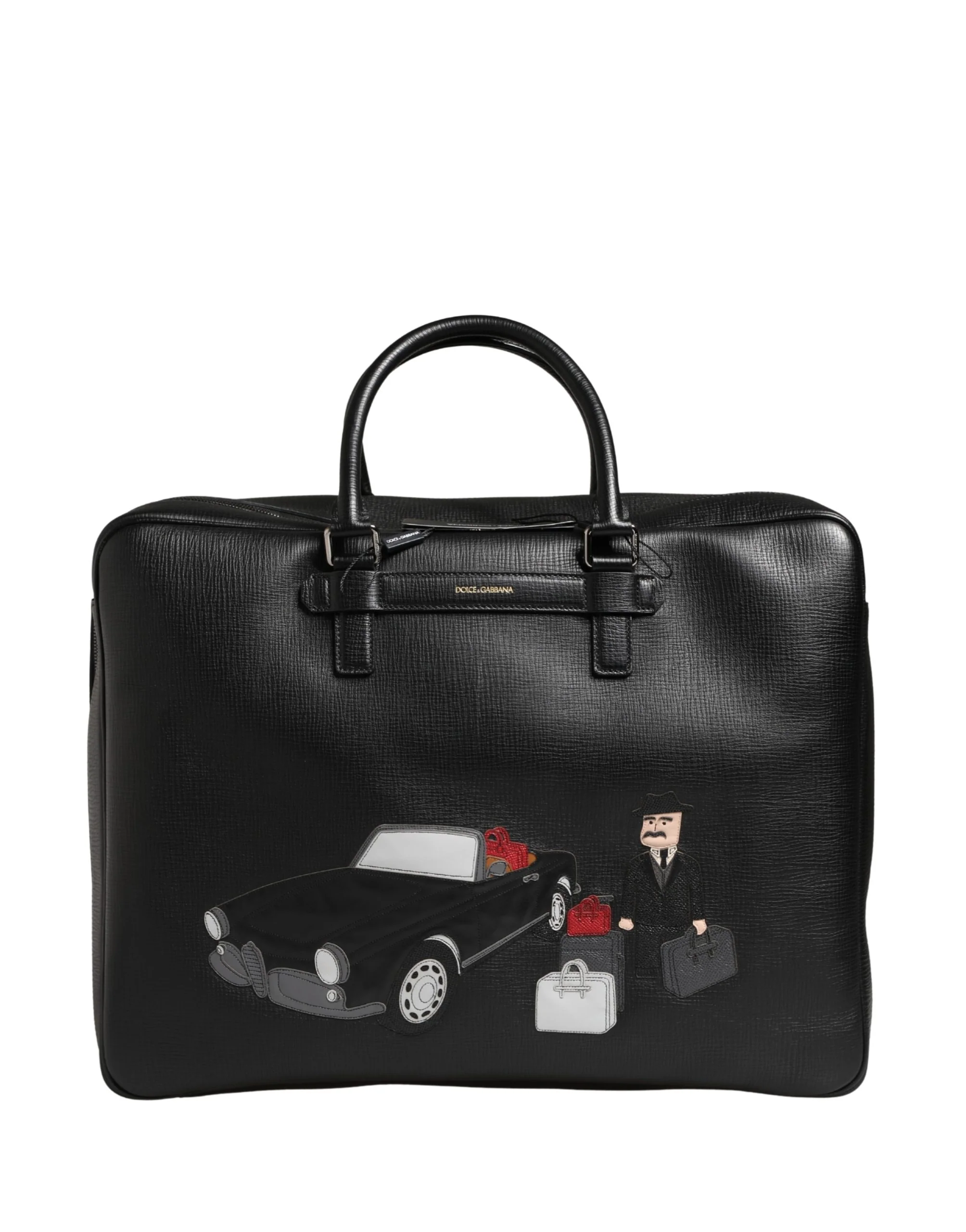 Dolce & Gabbana Black Car Man Applique Leather Weekender Borse Bag Calf Accessory