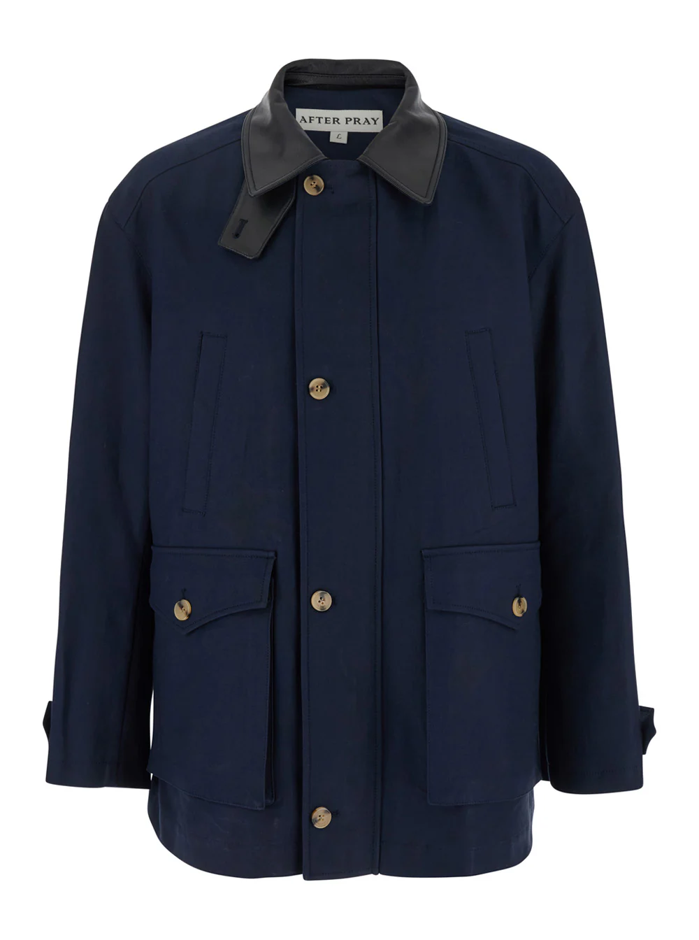 After Pray Blue Jacket with Leather Collar and Welt Chest Pockets in Cotton Man Blu Outerwear