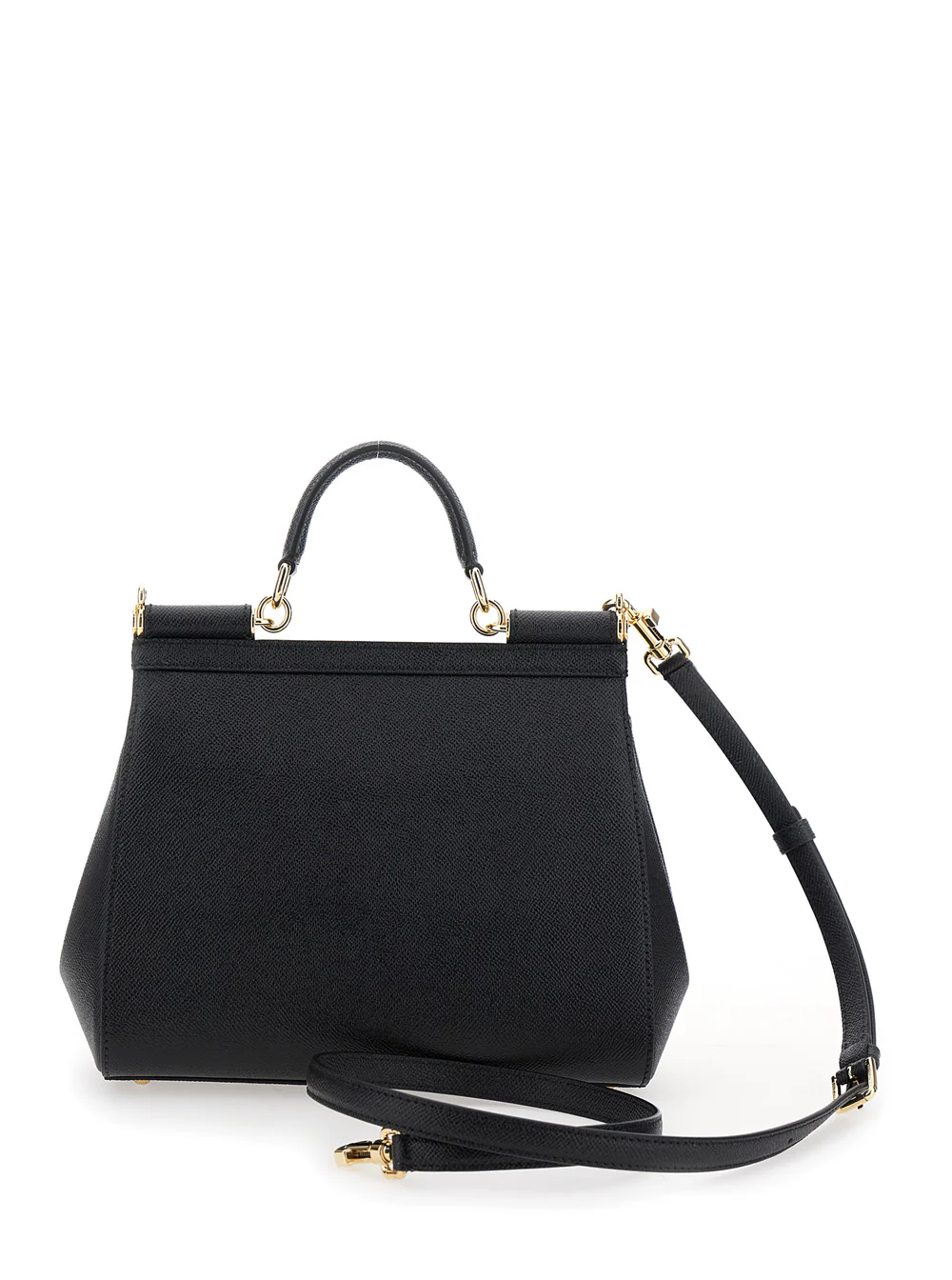 Dolce & Gabbana Handbag Sicily Medium With Logo Plate On Front Grained Black Leather Woman Cotton Calf Hand Bags