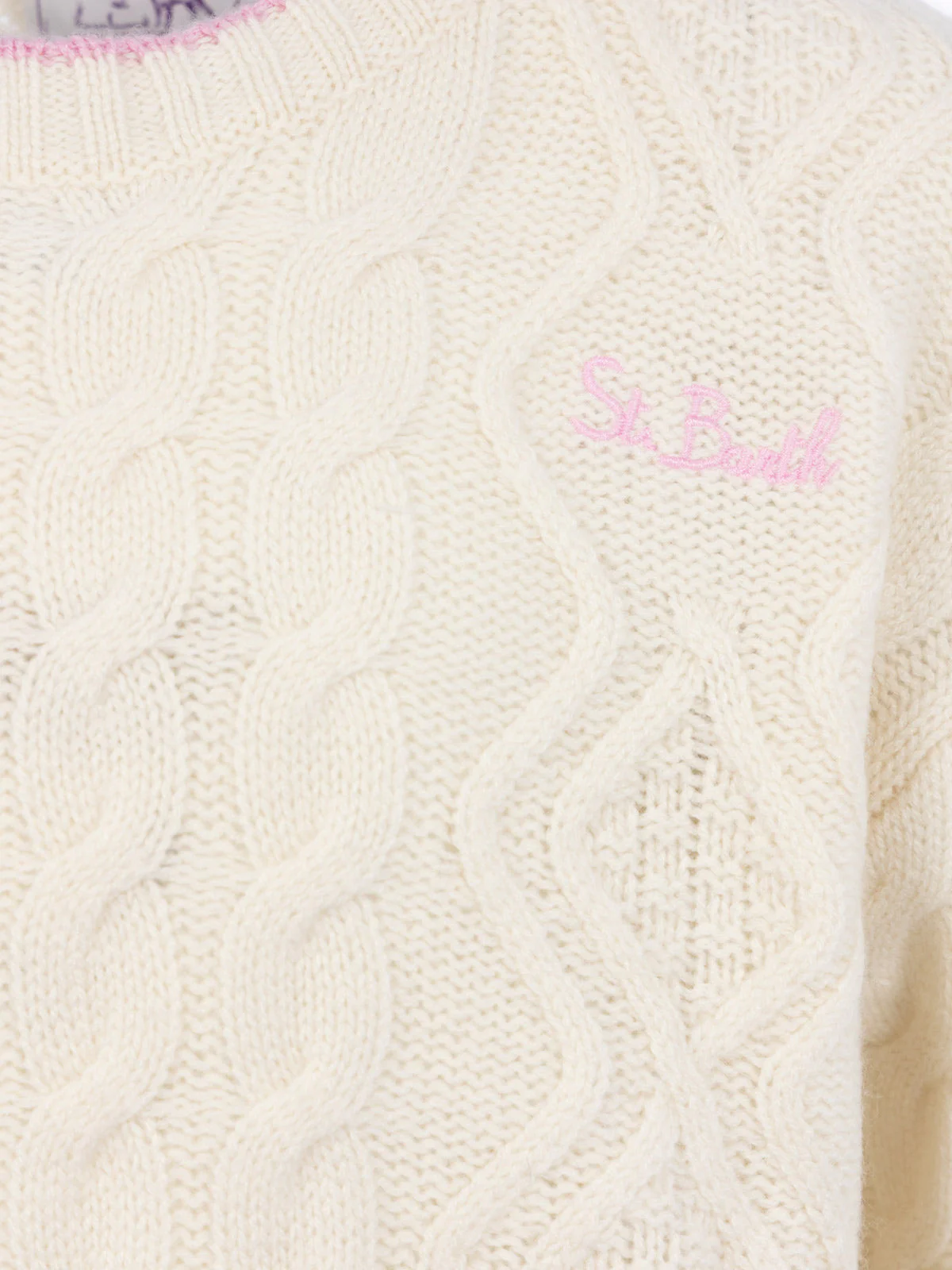 Mc2 Saint Barth Girl White Wavy Cable Knit Sweater Gretta With Contrast Details