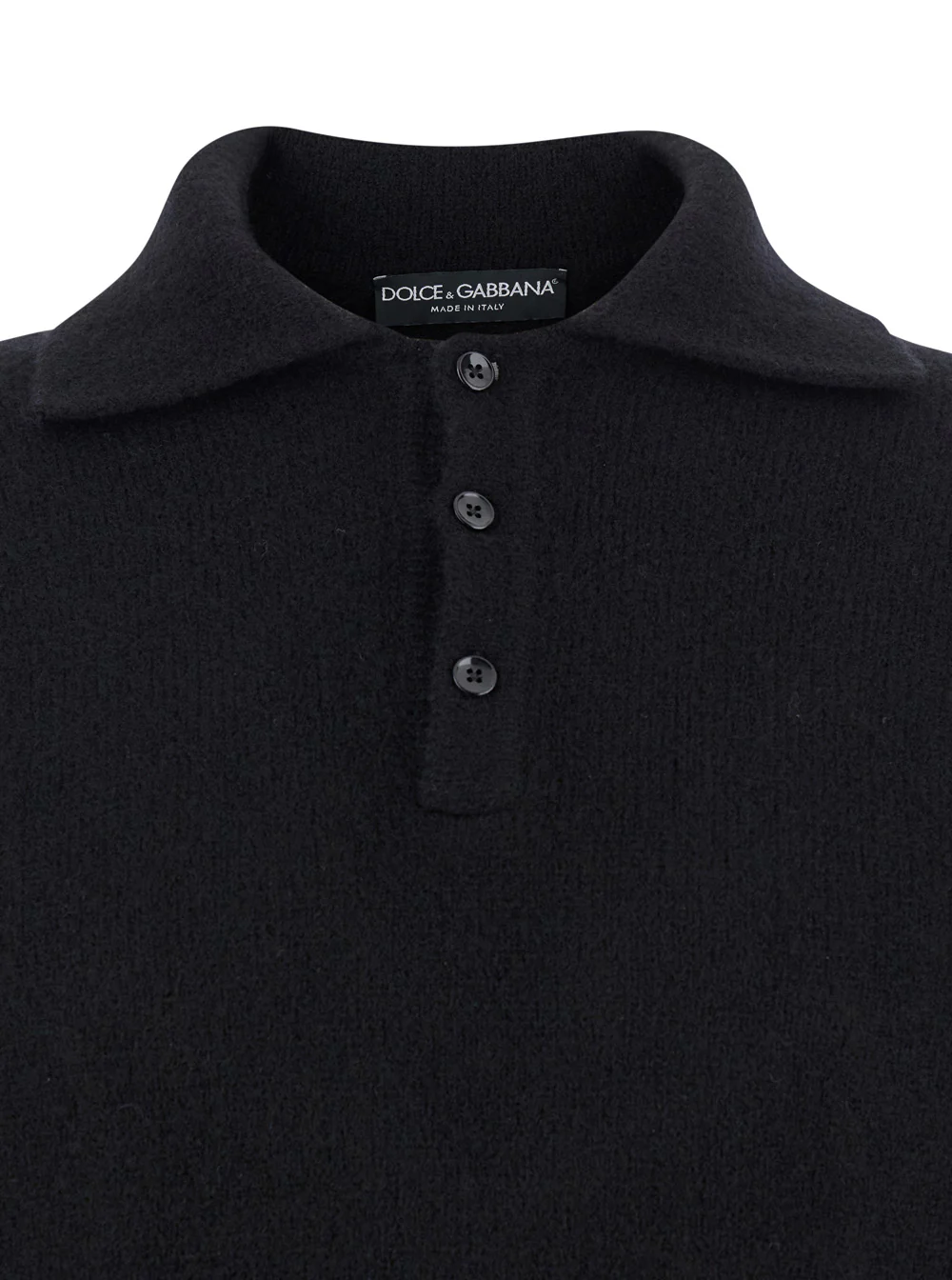 Dolce & Gabbana Black Sweater with Polo Collar and Back Logo Patch in Wool Man Polyamide Virgin Jersey