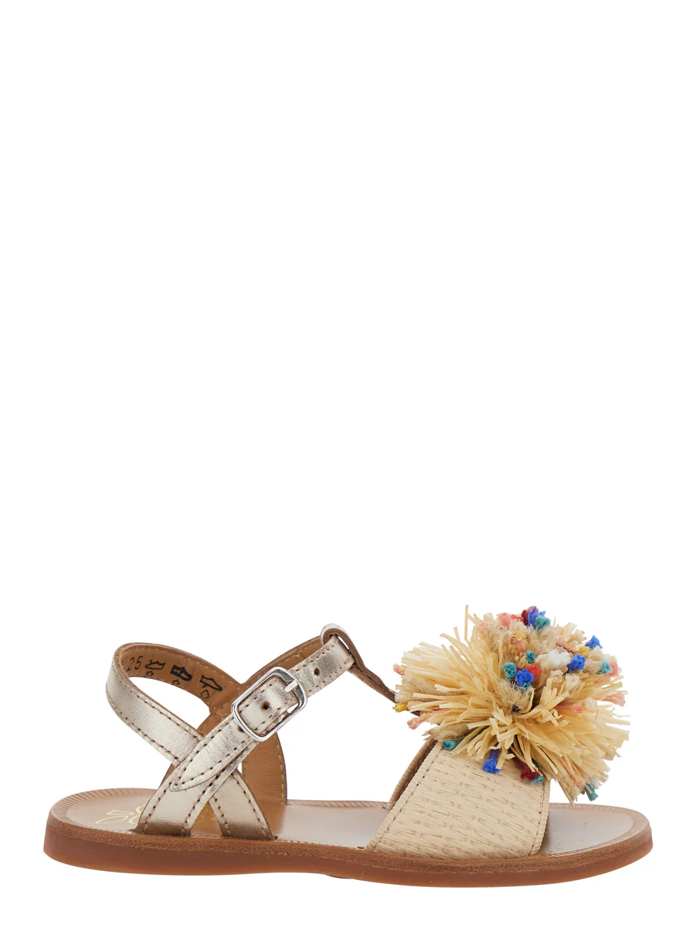 Pom D'Api Kids Gold Laminated Raffia Pompom Sandals - Cream Girl Beige Leather Textile Flat Shoes