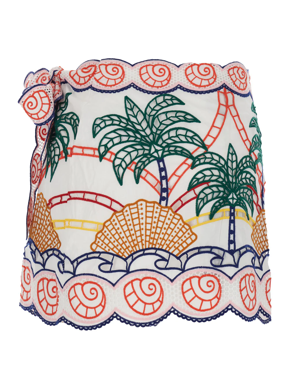 Farm Rio White Skirt with Side Knot Closure and All-Over Tropical Embroidery for Women Cotton
