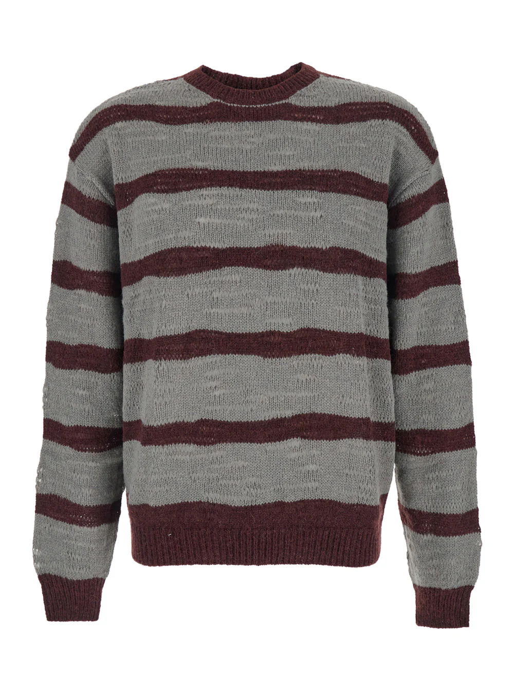 Coor Grey Crew Neck Sweater with All-Over Striped Motif in Wool Blend Man Brown Nylon Acrylic Alpaca Jersey