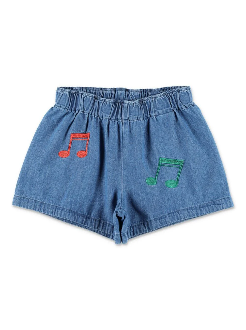 Mini Rodini Kids Blue Shorts With Elastic Waist And Music Notes Embroidery On The Front Denim Girl Blu Cotton Bermuda