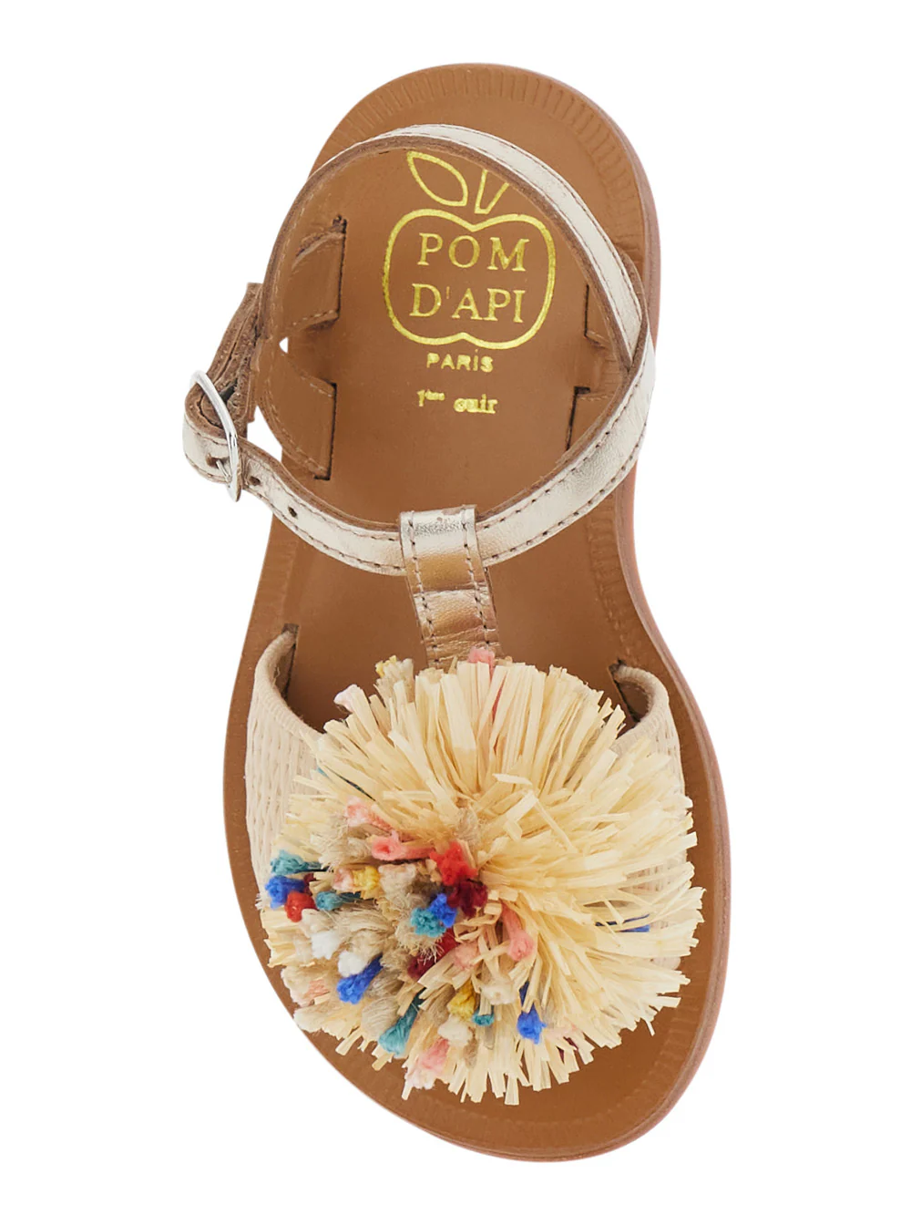 Pom D'Api Kids Gold Laminated Raffia Pompom Sandals - Cream Girl Beige Leather Textile Flat Shoes