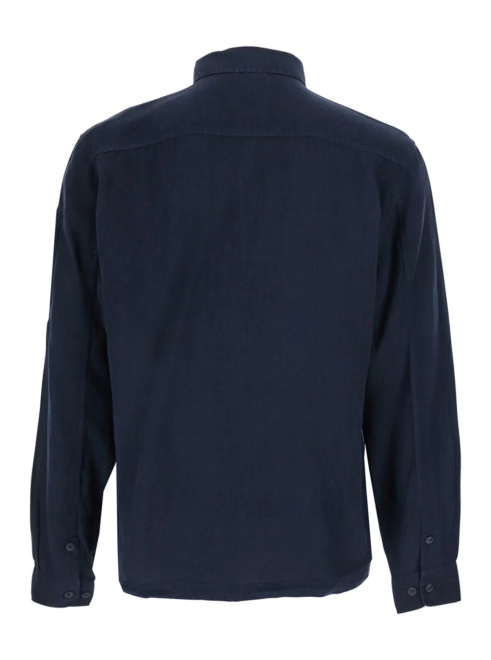 C.P. Company Blue Shirt With Classic Collar And Logo Plate On The Sleeve In Linen Man Blu Blouses