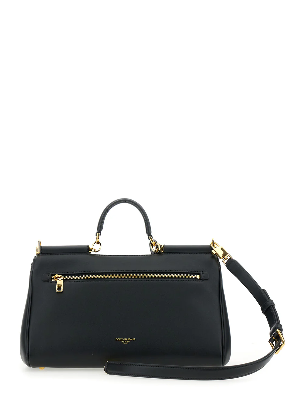 Dolce & Gabbana My Sicily Black Medium Handbag with Lock Detail and Adjustable Removable Leather Shoulder Strap for Women Calf Pvc Hand Bags