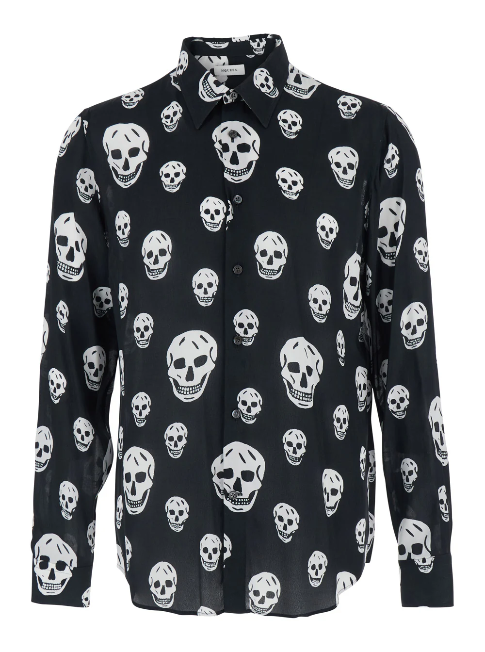 Alexander McQueen Black Pointed Collar Shirt with All-Over Skull Print for Men Viscose And Blouses