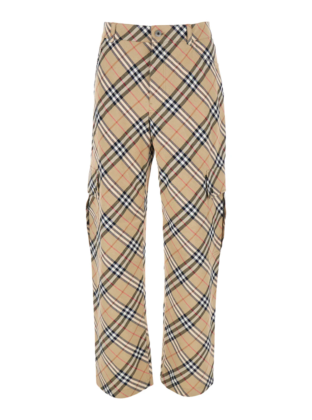 Burberry Beige Cargo Pants with Vintage Check Motif in Linen and Cotton Blend Man Elastane Trousers