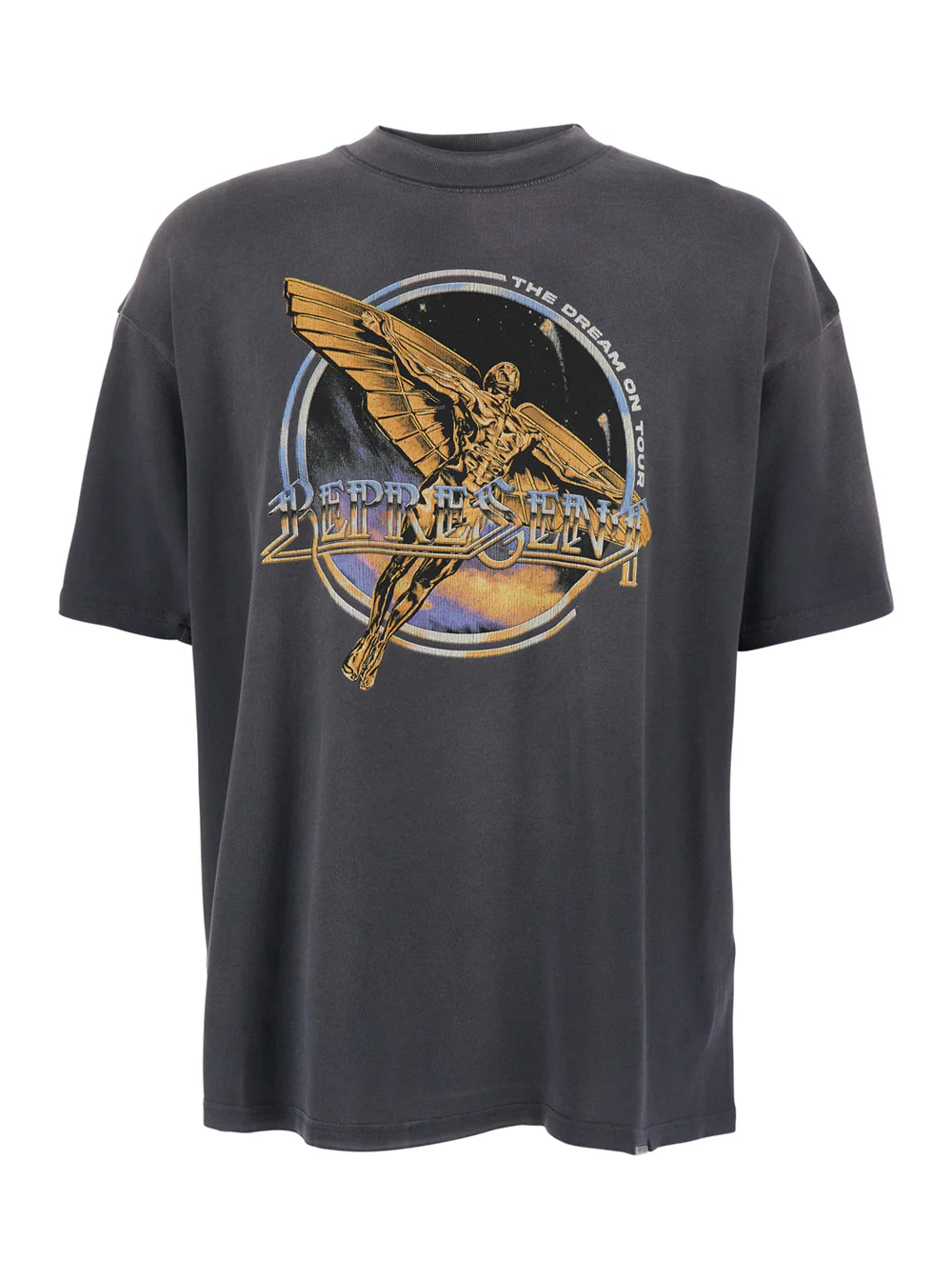 Represent Black T-Shirt with Graphic Print on Front and Back Faded Effect for Men Grey Cotton Tshirts Polo Shirts
