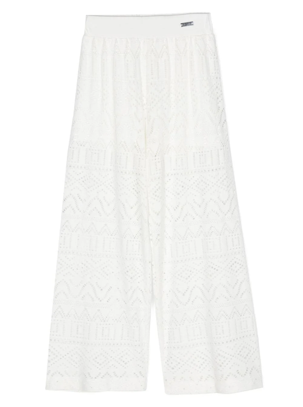 Monnalisa Kids White Pants With Logo Plaque Lace Girl Viscosa Elastan Trousers