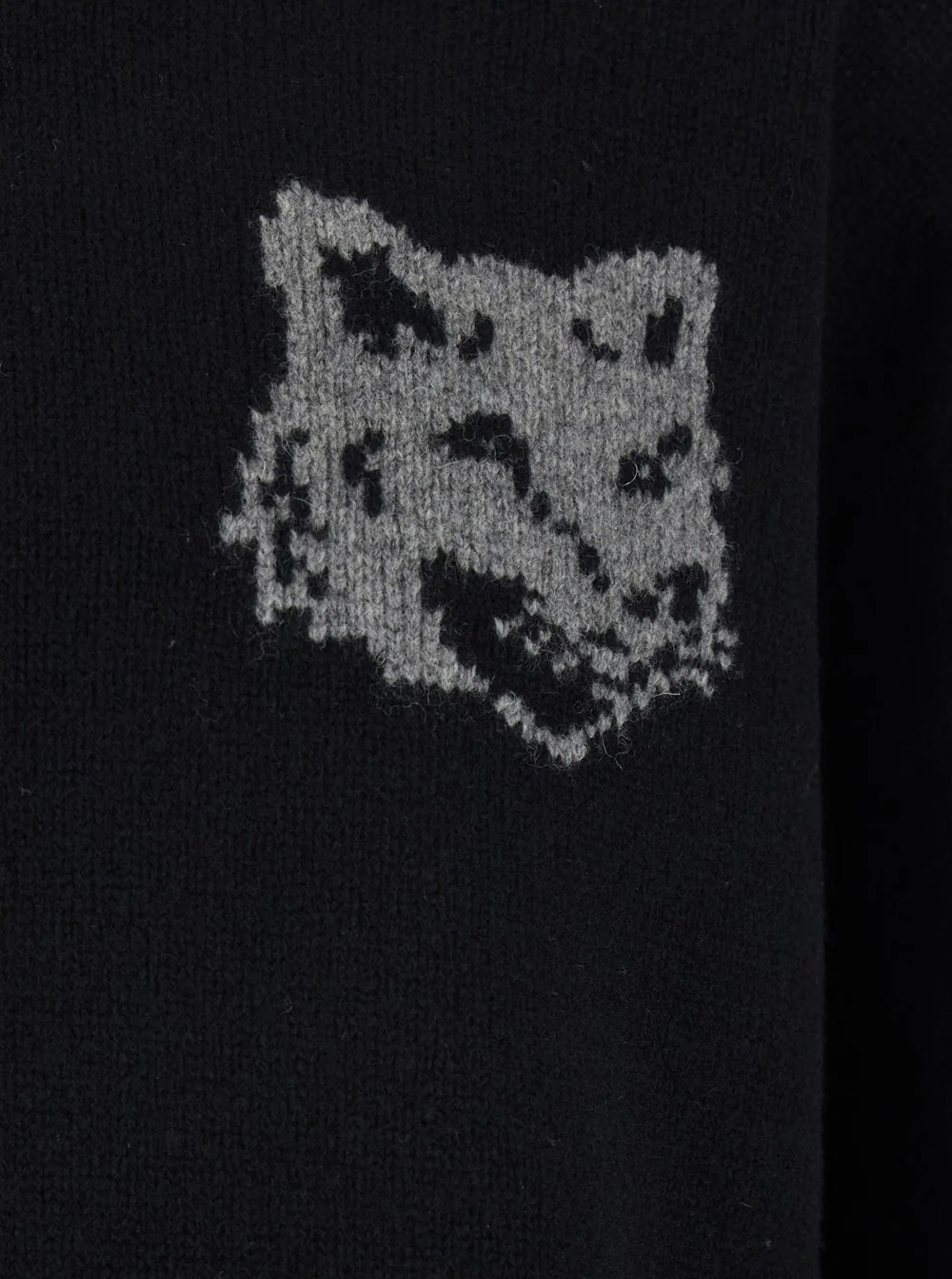 Maison Kitsuné Black Crewneck Sweater with Dropped Shoulders and Logo Embroidery on the Front in Wool Man Merinos Extrafine Jersey