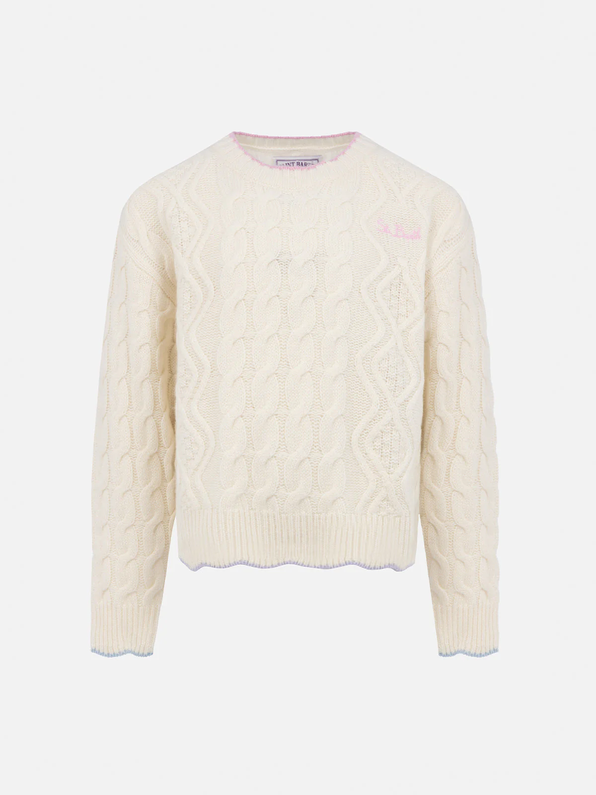 Mc2 Saint Barth Girl White Wavy Cable Knit Sweater Gretta With Contrast Details