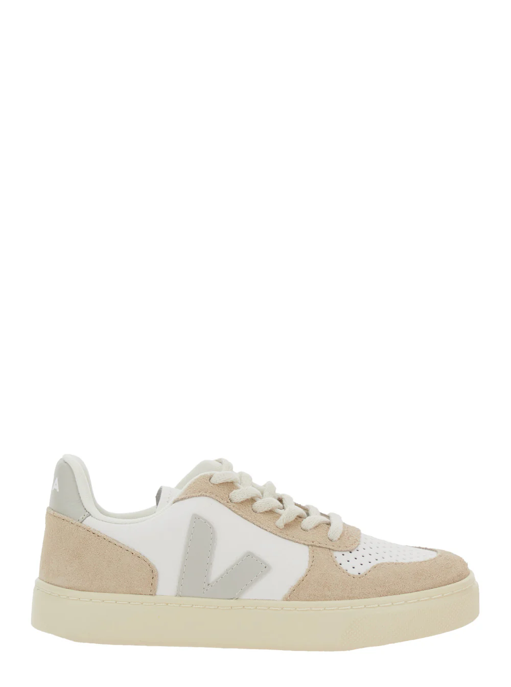 Veja Kids White Low Top Sneakers with Logo Patch on the Side and Contrasting Heel Lettering in Leather Unisex