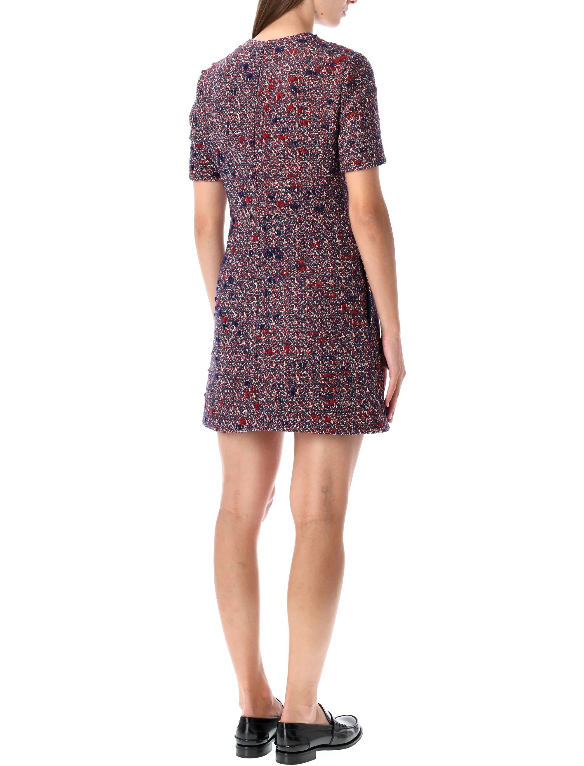Gucci Tweed Short Sleeve Mini Dress Blue Red Multi Wool