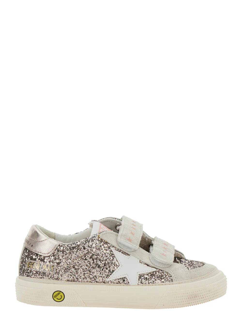 Golden Goose Kids May School Grey Glittered Low Top Sneakers With Star Patch On The Side Leather Blend Girl