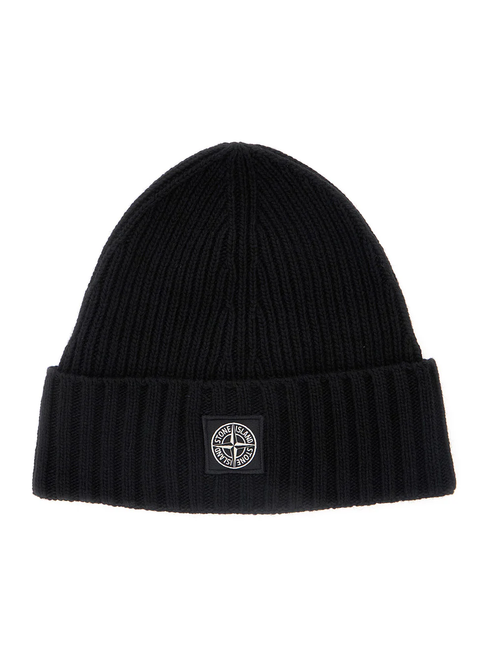 Stone Island Kids Black Beanie with Logo Patch on the Front in Wool Blend Boy Hats And Gloves