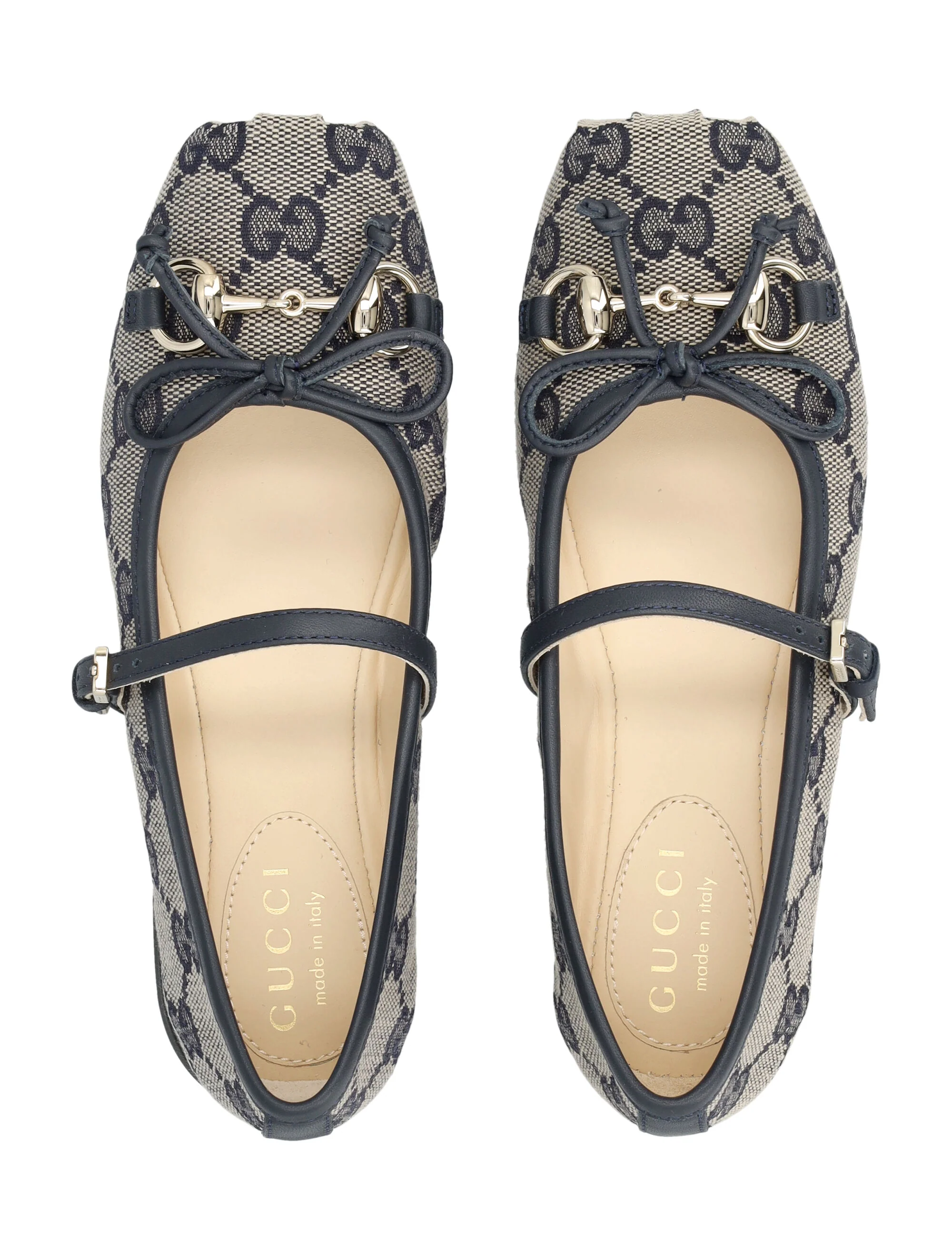 Gucci Gg Canvas Horsebit Ballet Flats For Girls Beige Blue Polyester Flat Shoes