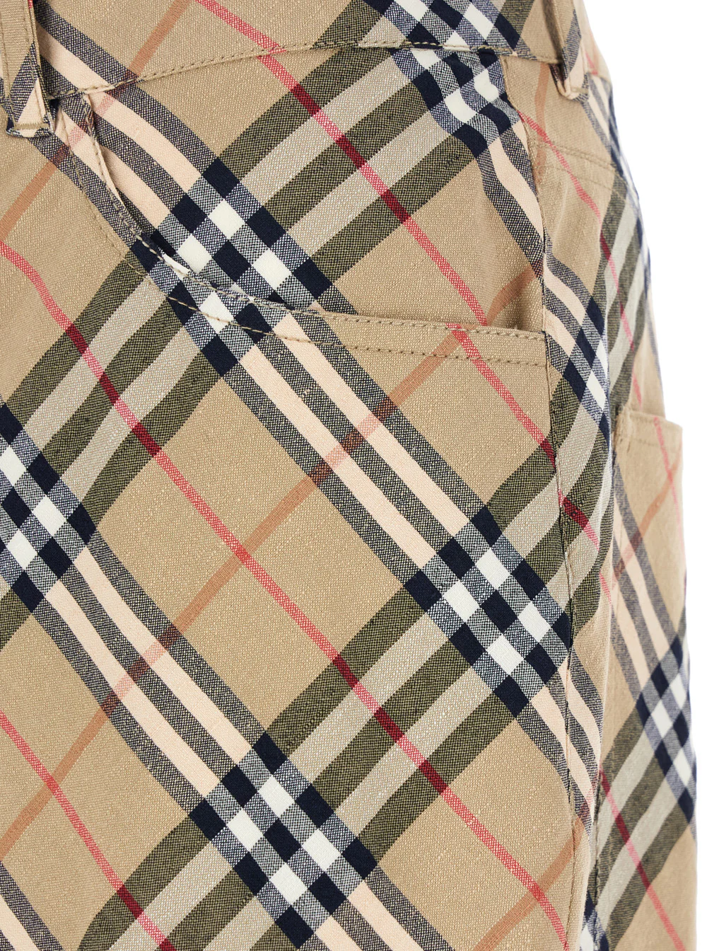 Burberry Beige Cargo Pants with Vintage Check Motif in Linen and Cotton Blend Man Elastane Trousers