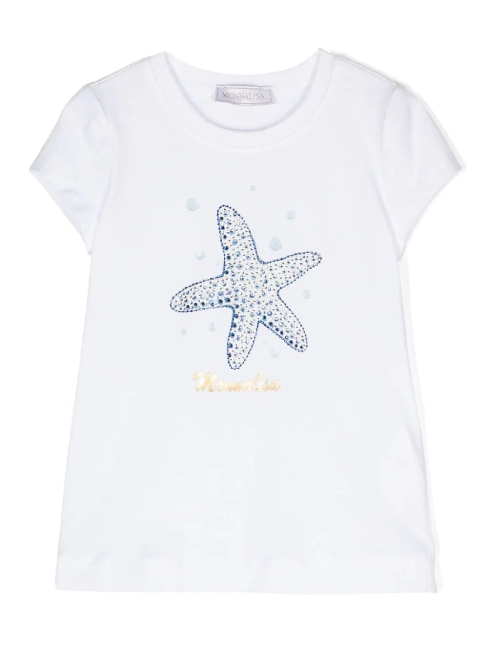 Monnalisa Kids White T-Shirt With Starfish Print Stretch Cotton Girl Elastan Tshirts And Polo Shirts