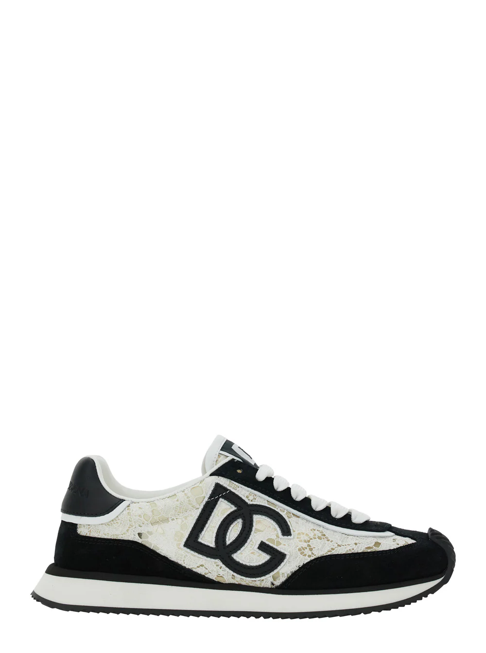 Dolce & Gabbana Black and White Low Top with Lace Details DG Patch on the Side in Fabric Suede Blend Woman White/black Viscose Cotton Polyamide Sneaker