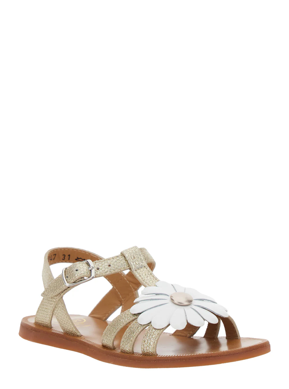 Pom D'Api Kids Plagette Metallic Open Toe Sandals with Daisy Flower Application on Front in Leather Girl Flat Shoes
