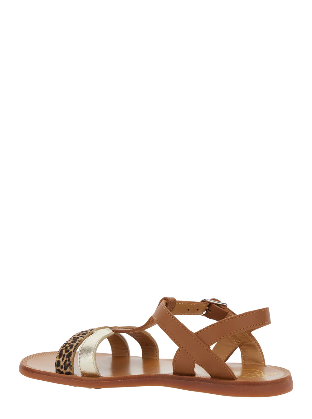 Pom D'Api Kids Plagette Salome Brown Open Toe Sandals with Leopard Print Band in Leather Girl Flat Shoes