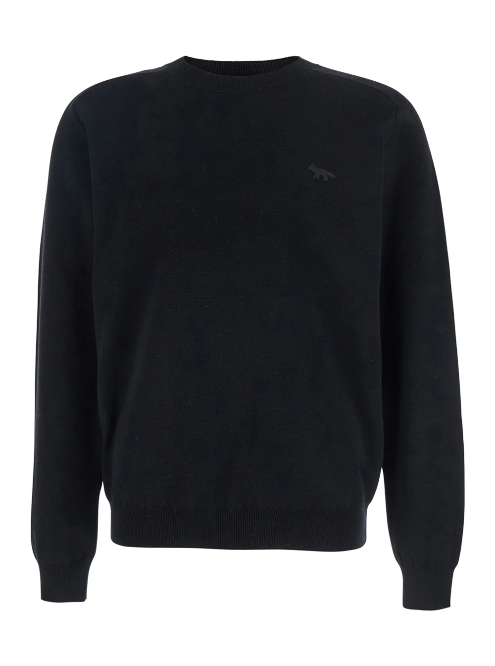 Maison Kitsuné Black Crew Neck Sweater with Fox Patch on the Front in Wool Man Merinos Extrafine Jersey