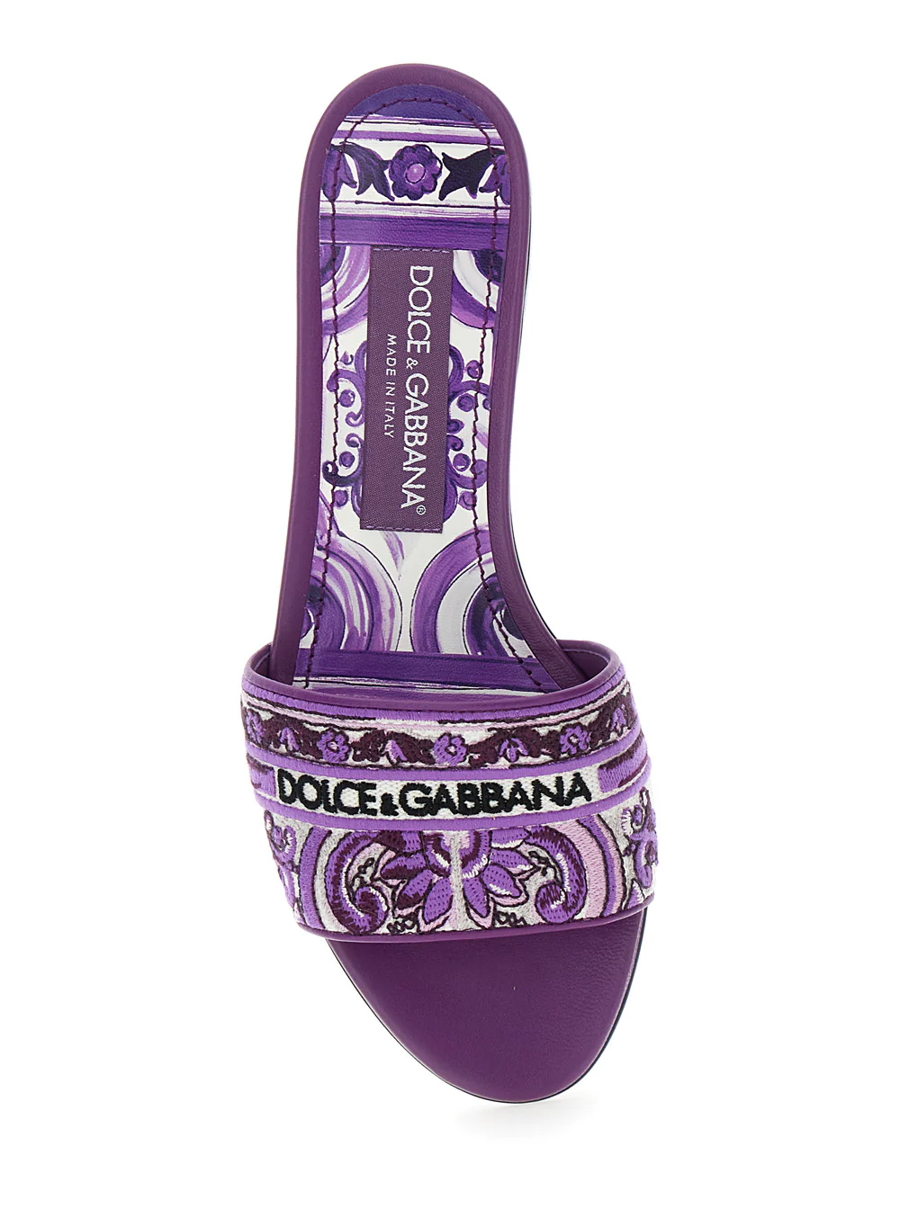 Dolce & Gabbana Violet Sandals with Logo Embroidery on the Front and All-Over Majolica Motif in Cotton Blend Woman Lamb Flat Shoes