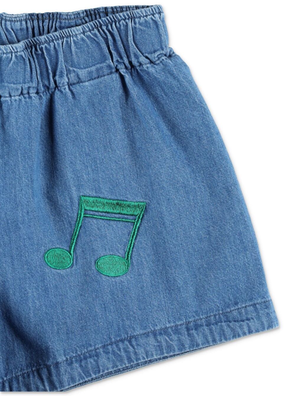 Mini Rodini Kids Blue Shorts With Elastic Waist And Music Notes Embroidery On The Front Denim Girl Blu Cotton Bermuda