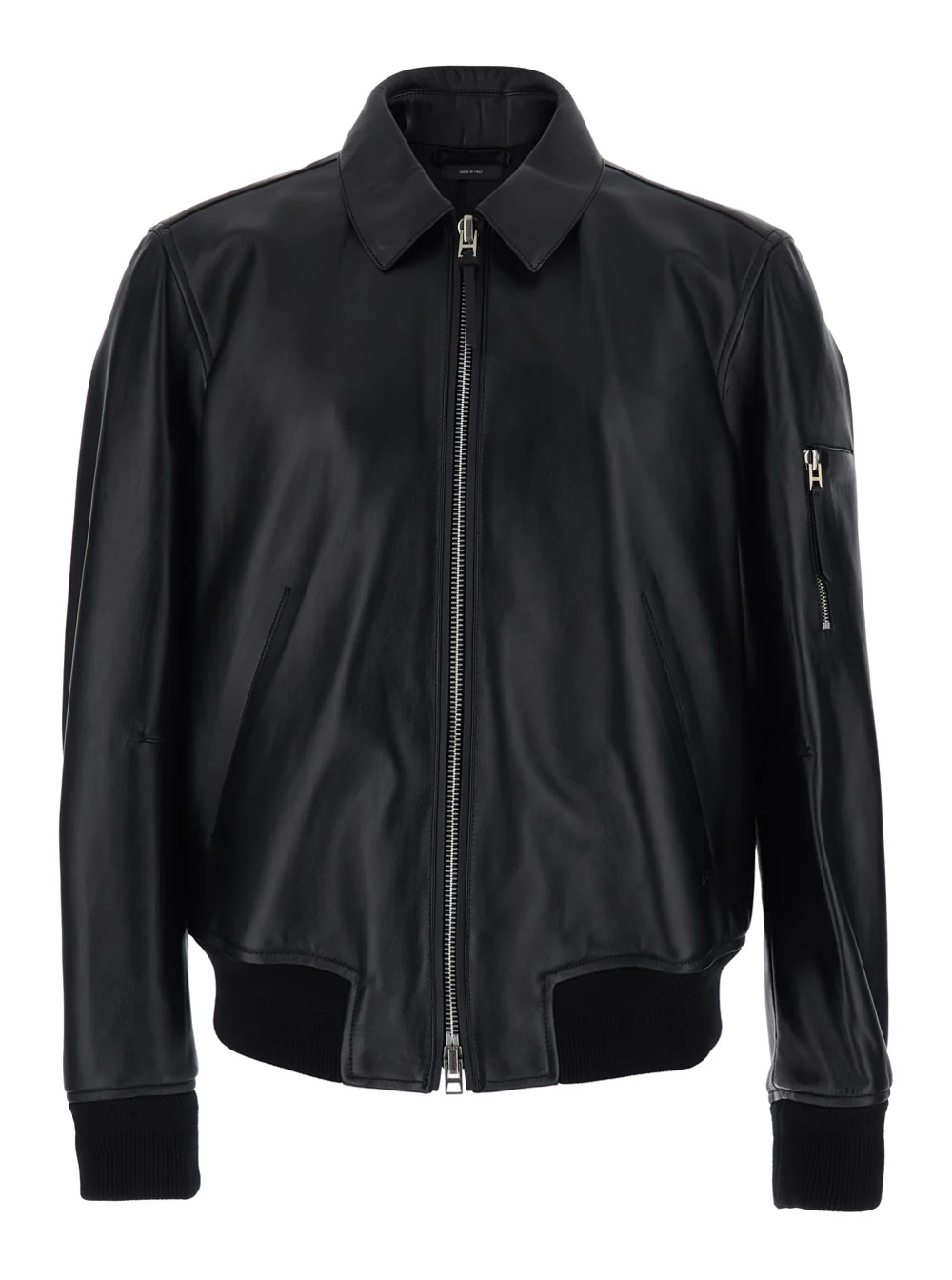 Tom Ford Black Jacket with Classic Collar and One Zip Pocket on the Sleeve in Leather for Men Lamb Outerwear