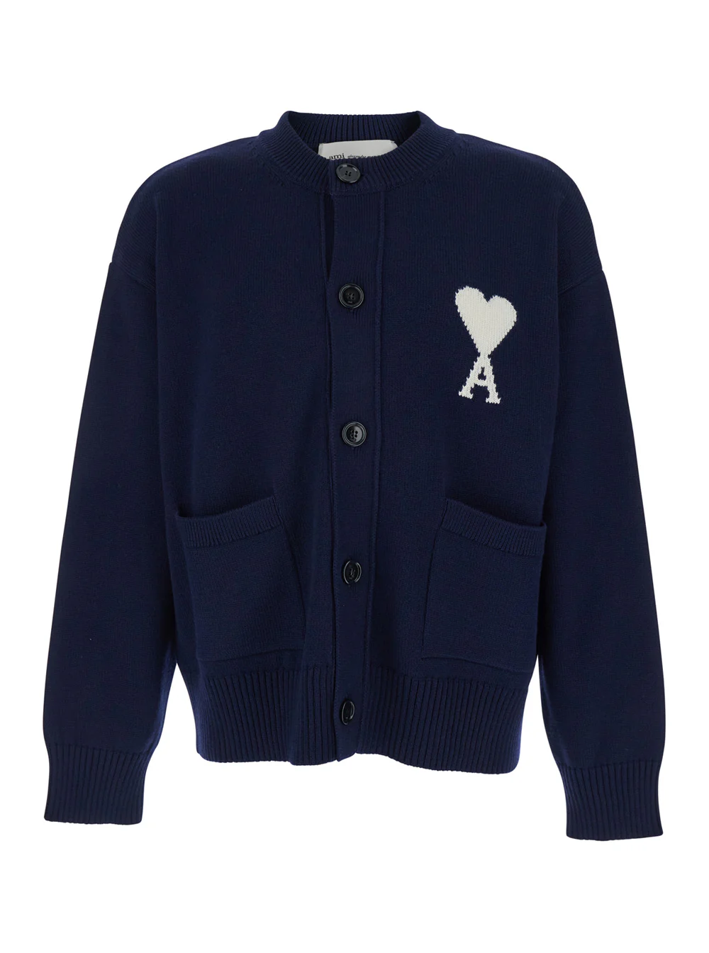 AMI Paris Blue Crew Neck Cardigan with Contrasting ADC Logo in Wool and Cotton Blend for Men Blu Jersey
